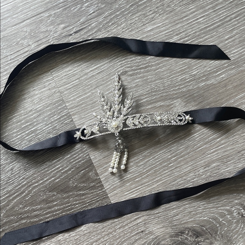 1920’s Flapper Headpiece; Crystal/Pearl/ Black Ribbon